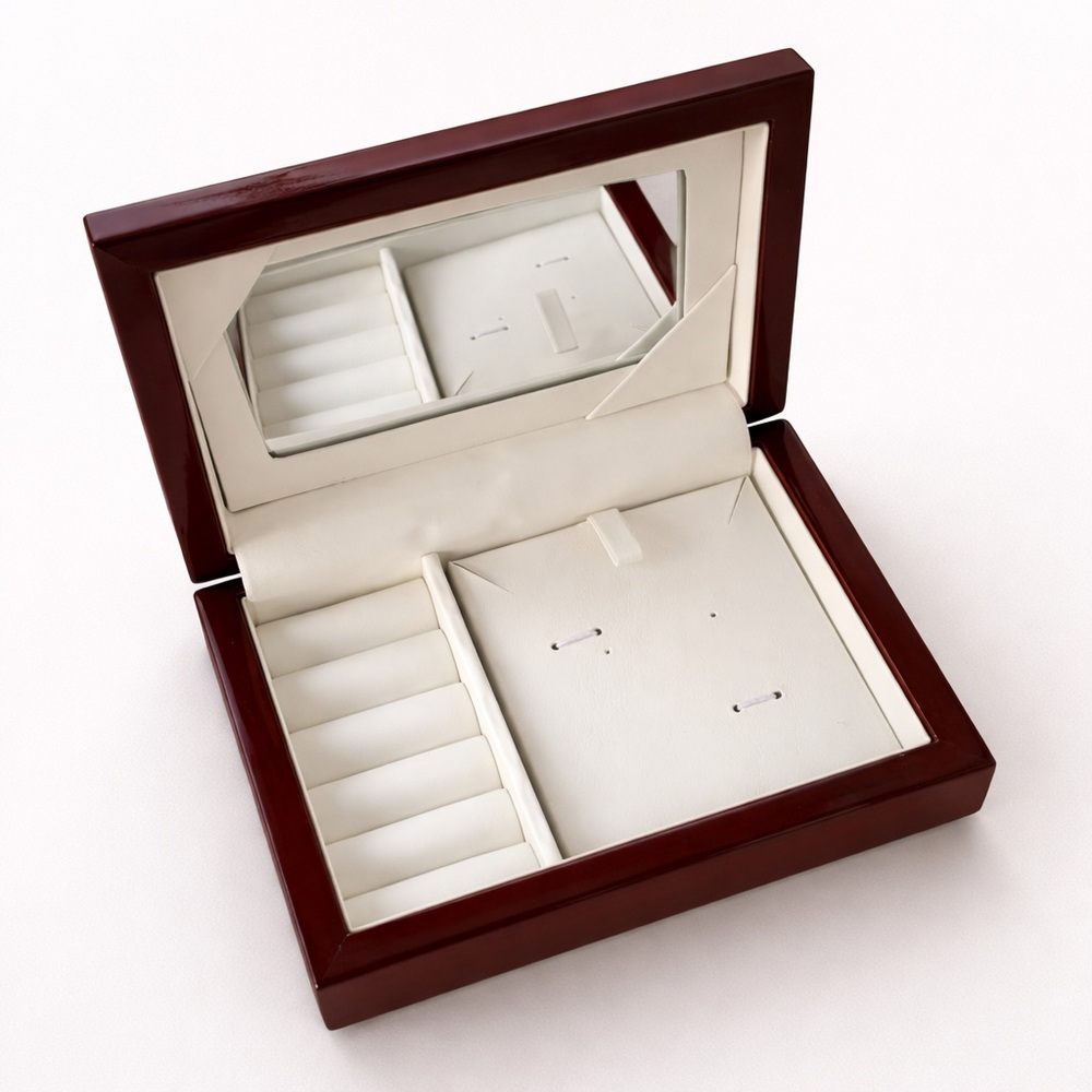 Wood Jewelry Box with Mirror & Ring Slots – Cream Lined Organizer | BNIB